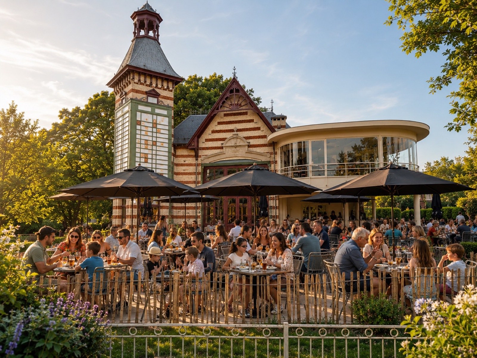 La terrasse du Pesage devant le bâtiment historique du Drohme Park